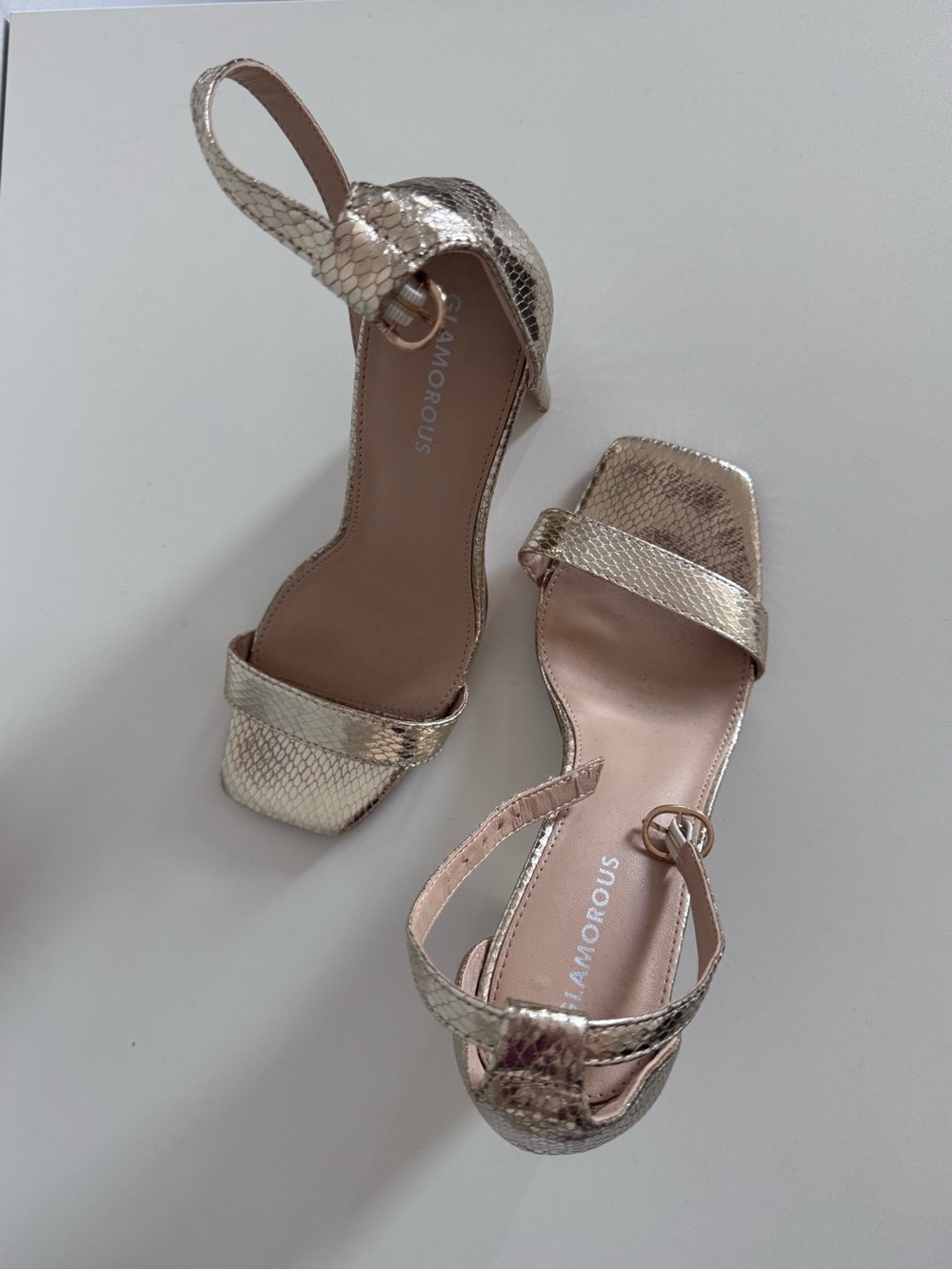 Glamorous Shiny Gold Snake-Embossed Ankle-Strap Heels